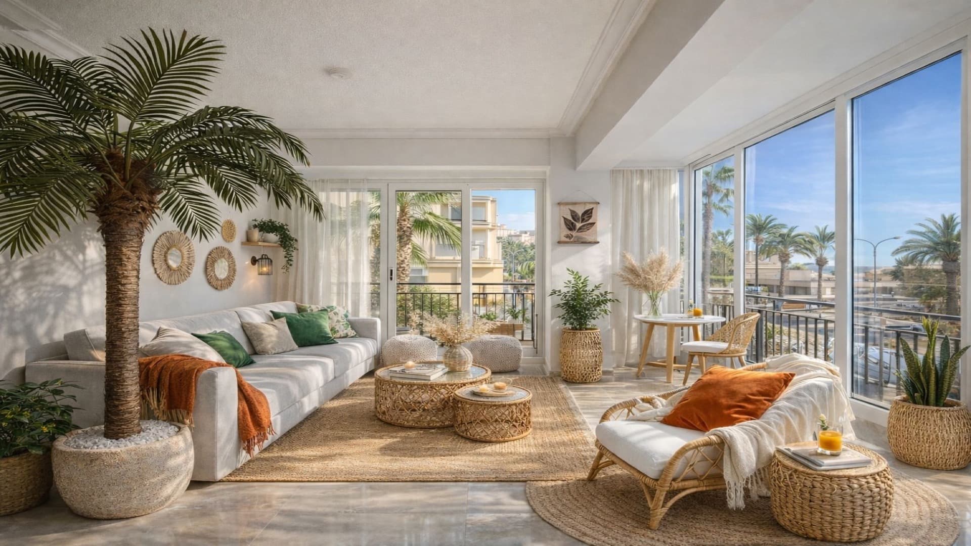 Luxe vakantieappartement Costa Blanca, lichte woonkamer met palmboom en zeezicht