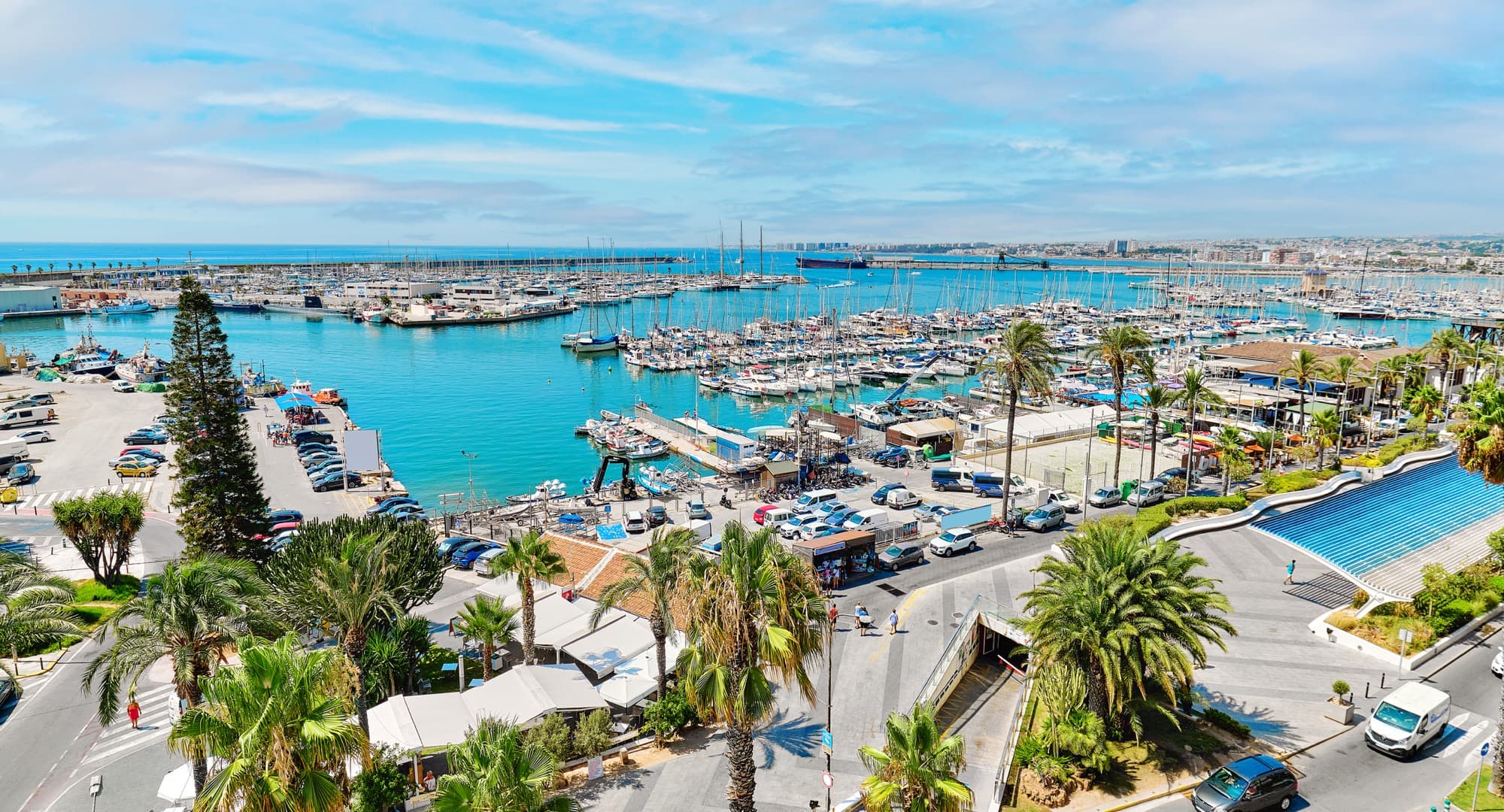 Calpe Costa Blanca, jachthaven met palmbomen en Middellandse Zee